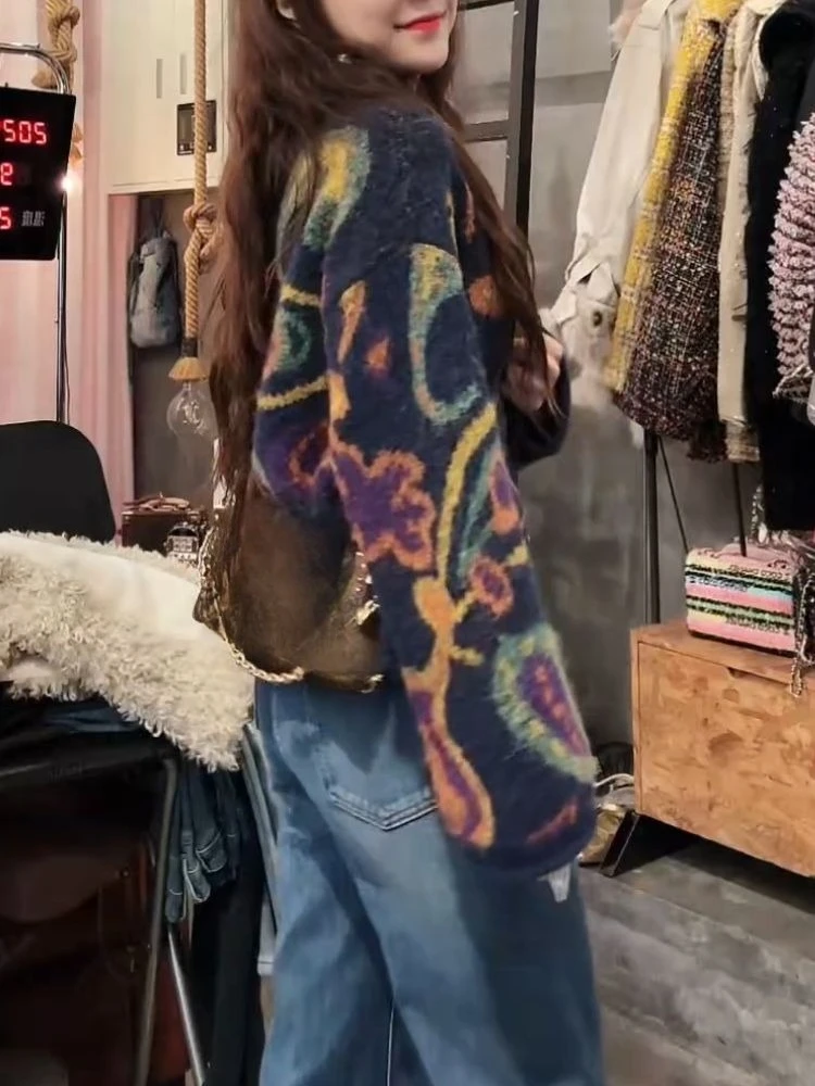 Ezgaga سترة مشغولة من الصوف المرأة خمر الزهور الخريف الشتاء س الرقبة فضفاضة موضة أنيقة سترة أبلى الإناث بلايز عادية