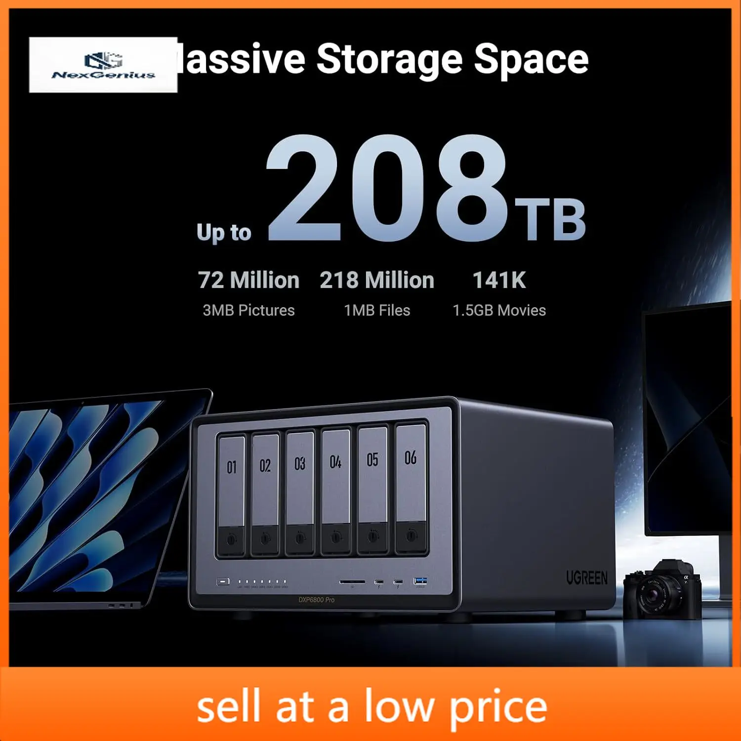 

Настольный NAS DXP6800 Pro с 6 отсеками, процессор Intel i5 1235u 10-ядерный, 8 ГБ оперативной памяти DDR5, встроенный SSD на 128 ГБ для системы, 2x 10GbE