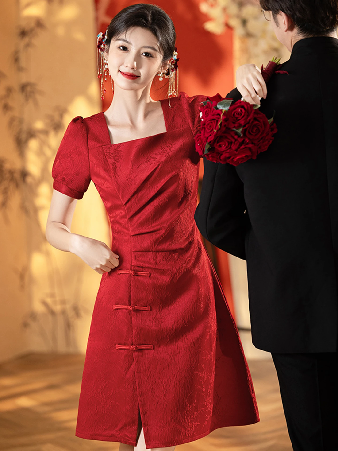 

Stunning Bridal Dr Ele High Waist A-Line Skirt ort Sve Zipper Ba Wedding Dr for Women Beautiful Engagement D...