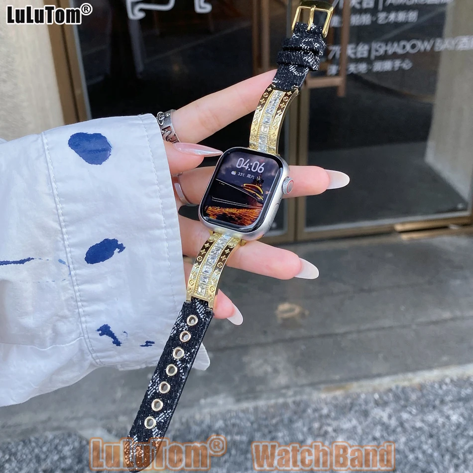سوار فاخر بنقشة مميزة لساعة Apple Watch 38 مم 40 مم 41 مم 42 مم 44 مم 45 مم 46 مم 49 مم، سوار Iwatch Series 10 9 8 7 6 5 4 3 2 SE مصنوع من جلد الدنيم فائق النحافة