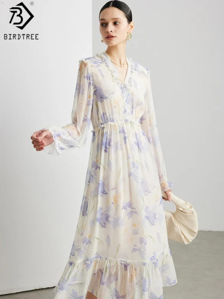 BirdTree, 100% Silk Printed Dress, Full Sleeve V-neck, Women's Georgette Double Layer Dresses, French Style, 2026 New D63034JF