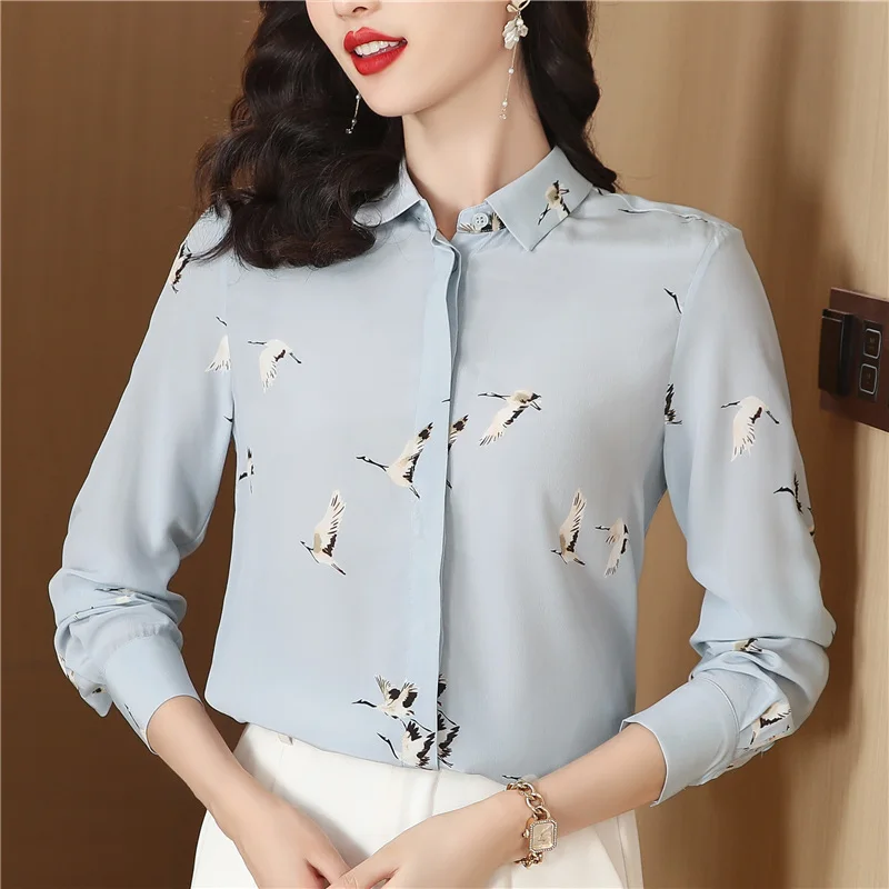 

2024 New Crane Print Silk Shirts Women's Blouses Spring Autumn Blue Long sleeved Shirts Elegant OL Business Work Shirts