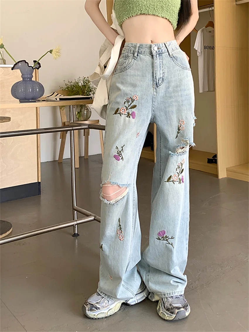 Alien Kitty Women Embroidery Flowers Jeans Autumn 2023 OL Hole Chic Loose Fashion Slim New Straight Denim Streetwear Pants