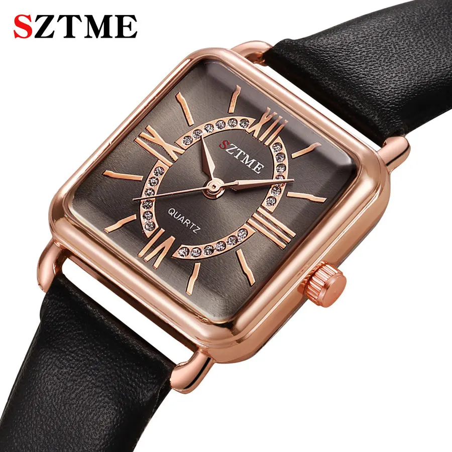 

Модные роскошные квадратные женские часы с кожаным ремешком, изящный и простой Римский циферблат, модные женские часы с кожаным ремешком