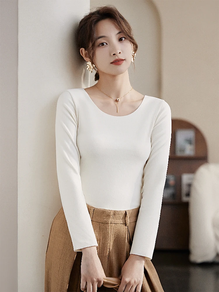 Ropa interior térmica para mujer, camisa base de manga larga con cuello redondo, top sin costuras con autocalentamiento, Otoño e Invierno