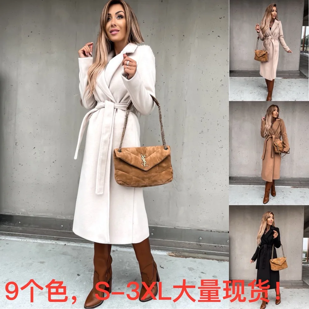 2025 Spring and Autumn Woolen Coat Simple and Fashionable V-neck Strap Long Coat Women
