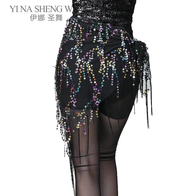 ผ้าพันเอวเต้นระบำหน้าท้องประดับเลื่อมและพู่ห้อย อุปกรณ์เต้นระบำหน้าท้องสไตล์อินเดีย เข็มขัดรัดเอวสำหรับฝึกเต้นระบำหน้าท้องสำหรับผู้หญิง ผ้าพันเอวรูปสามเหลี่ยม