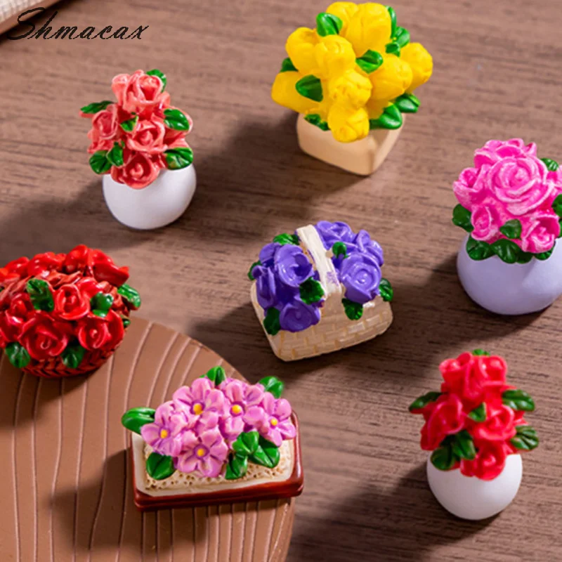 1Pc Desktop Auto Decoratie 1/12 Poppenhuis Minatuur Plant Rose Tulp Bloempot Meubelen Modellen Home Decors Diy Accessoires