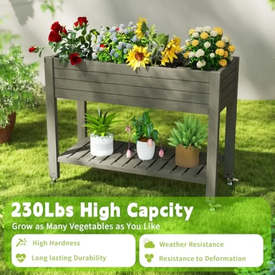 Raised Garden Bed with Legs, 33.66" Tall Self-Watering Resin Planter Box with Lockable Wheels Drainage Plug and Gauge for Veget view 6