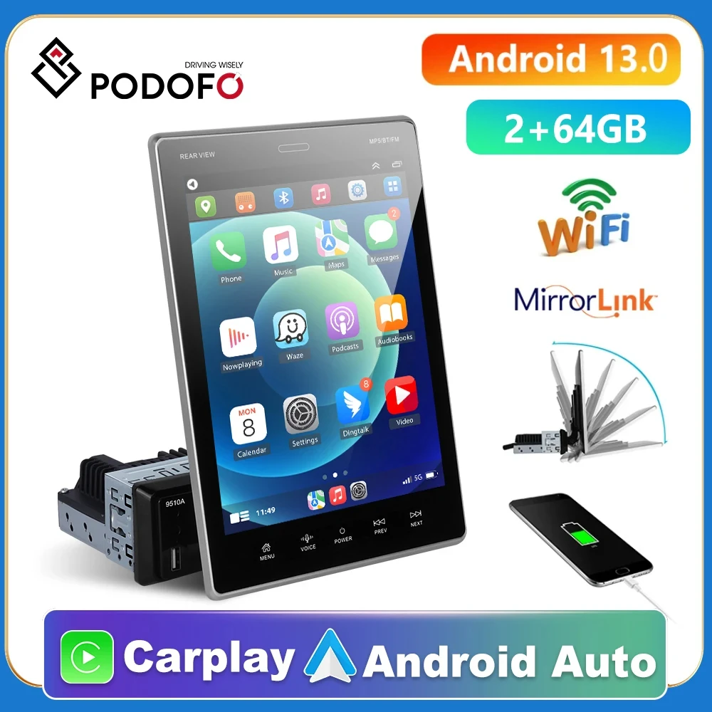 

Podofo 1Din GPS Car Stereo Radio 9.5" screen Car MP5 Player with Bluetooth WIFI GPS FM Radio Receiver Suppport Rear Cam 2din