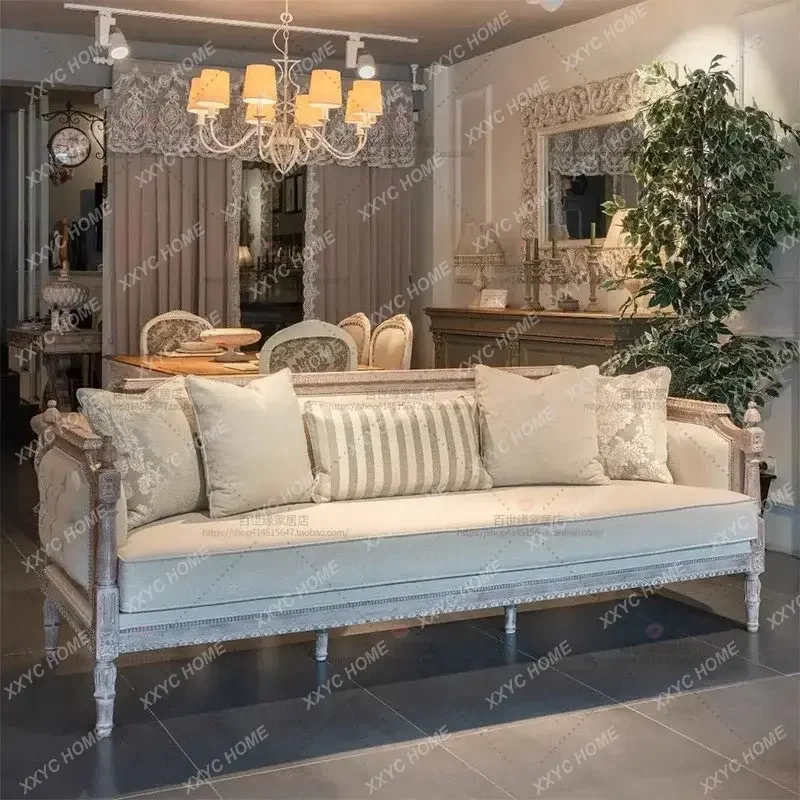 antique living room small apartment solid wood three-person sofa