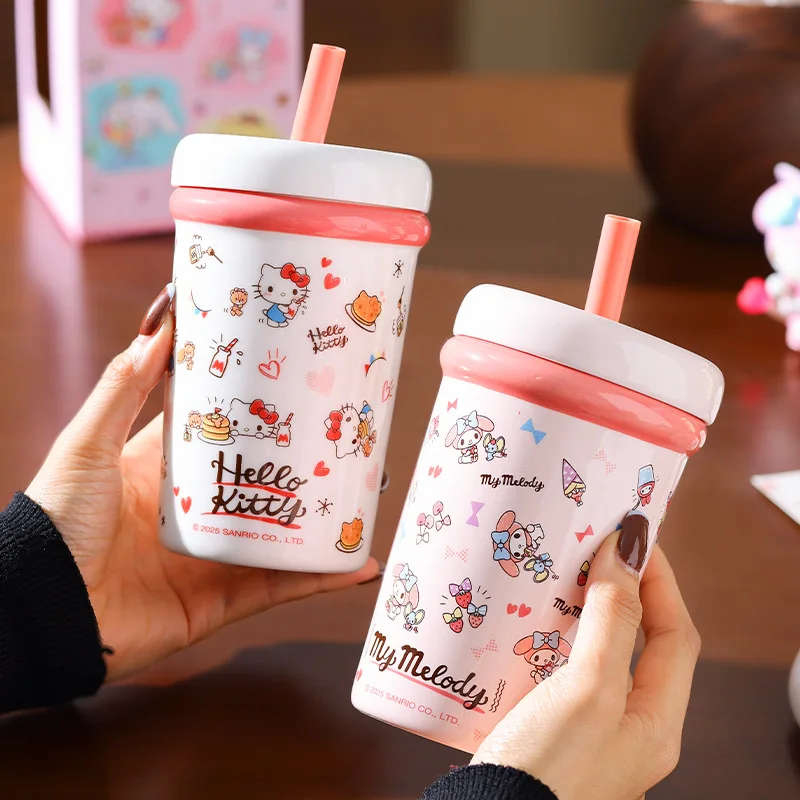 

Kawaii Hellokitty Large Capacity Ceramic Straw Cup High Aesthetic Cute Office Women Water Cup with Lid Cartoon New Style