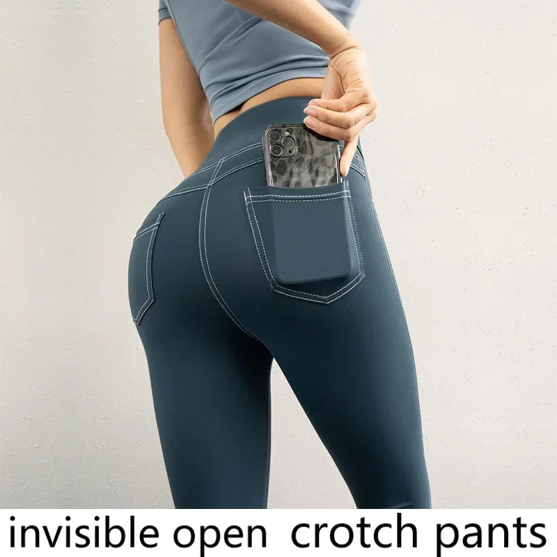 

Open-Crotch Pants Denim Fitness Pants Women's High Waist Hip Lift Peach Hip Pants Yoga Pant Belt Double-Headed Invisible