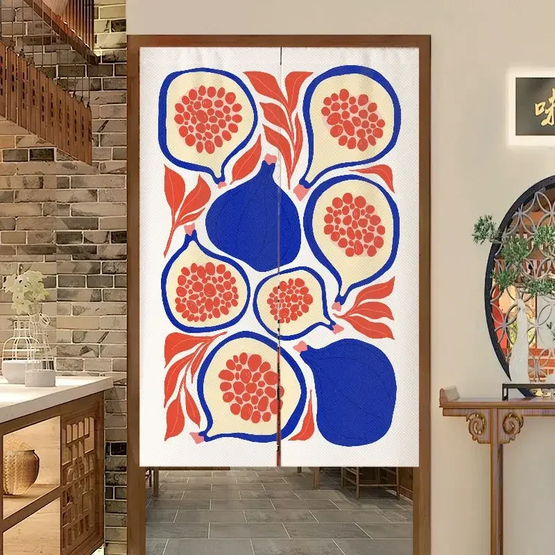 VIKAMA Cartoon Pomegranate Red Blue Pattern Door Curtain White Background Fruit Leaf Minimalist Cute Kawaii Linen Noren Bedroom