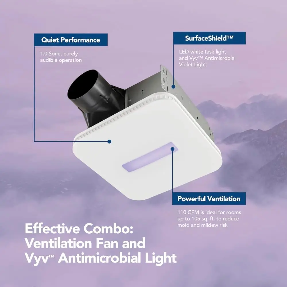 فتحة تهوية عادم Vital Vio LED والضوء البنفسجي مع درع سطحي، 110 CFM، أبيض، نظام تهوية يعمل بالطاقة #3