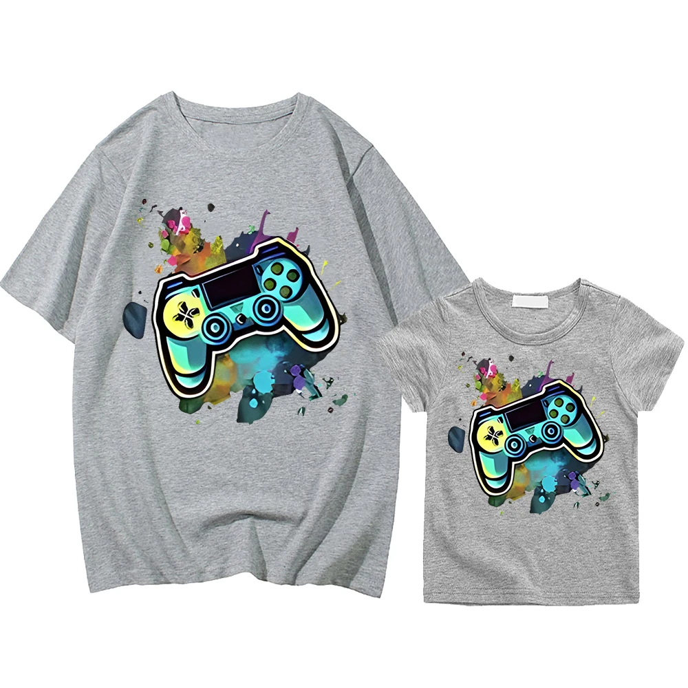 T-Shirt für Kinder, Jungen, 10 Jahre, Mutter und Tochter, passende Kleidung, Gamepad-Druck, Männer, Frauen, 100 % Baumwolle, Tops, Mädchen, Anime, kurz, Y2K