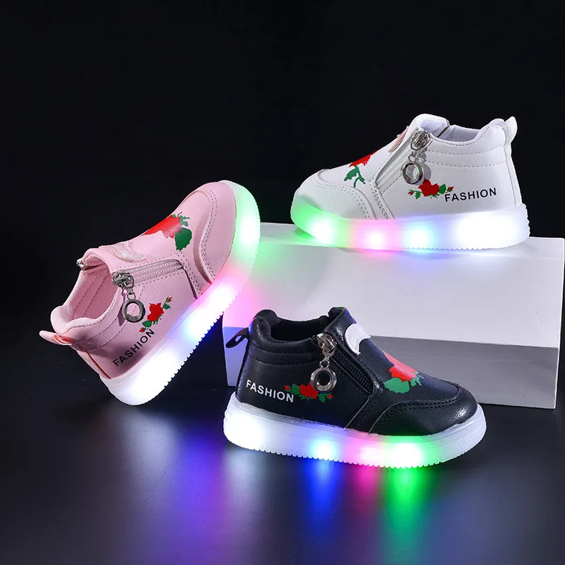 

Children's Light-Up Sneakers New Autumn Style Printed Rose High-Top Zipper Girls' Casual Shoes Fashionable LED Light-Up Shoes