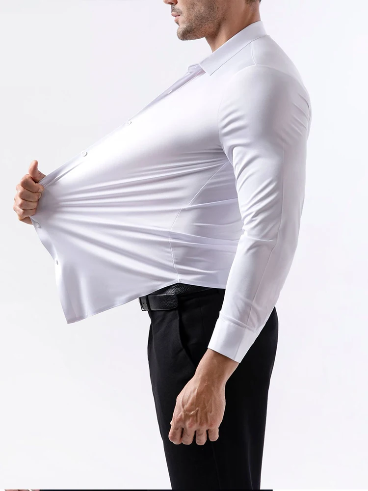 Mens White Dress Shirt Wrinkle Free Slim Fit Business Formal Shirt High Elastic Non Iron Office Work Euro Size Free Shipping