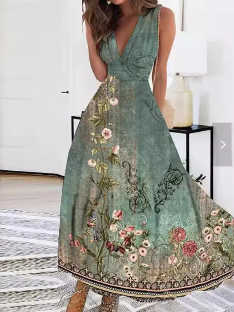 

Fashion Boho Print Dress For Women Sexy Deep V Neck Sleeveless High Waist Dresses Robe Femme Casual Holiday Party Skirt Summer