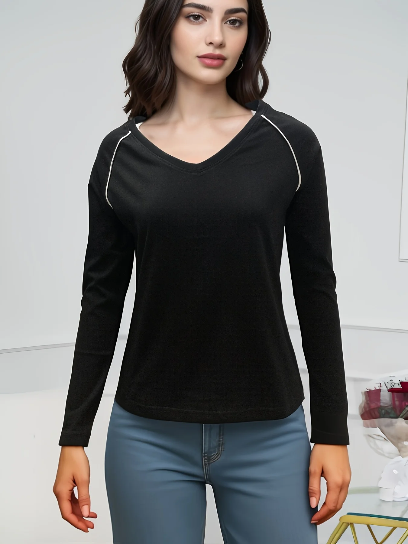 180GSM High Quality Smooth Cotton Fabric 2024 V Neck 100% Cotton T Shirt Women Autumn Long Sleeve Tops T-shirt Female Blouse