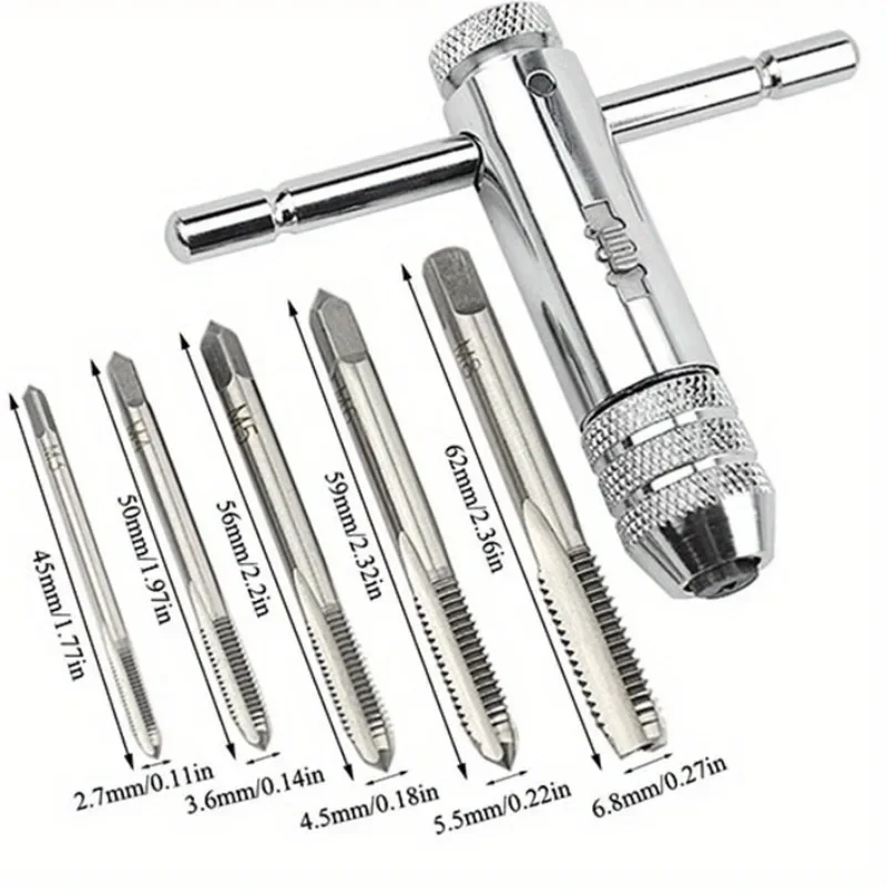 7 шт./компл., регулируемая Т-образная ручка, трещотка, держатель для метчика, гаечный ключ, машинная резьба, метрическая двусторонняя ручная резьба, набор метчиков, ручная резьба