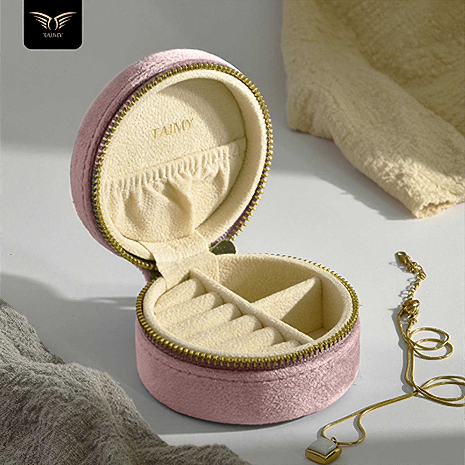 TAIMY Caja de almacenamiento de joyería para collar y anillo de viaje de terciopelo, regalo personalizado para niñas, embalaje de boda, logotipo