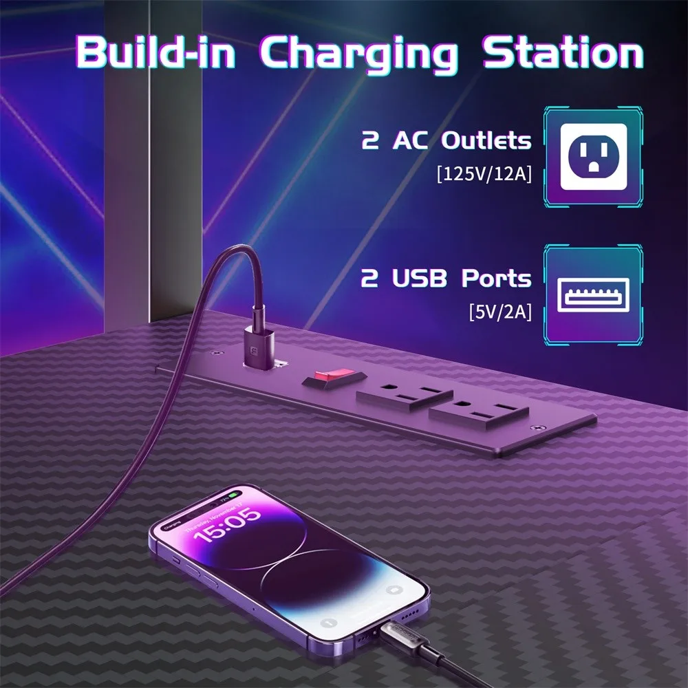 Computer desksL Shaped Gaming Desk 52 Inch Corner Computer Desk with LED Lights Power Outlets RGB Illumination Modern Design