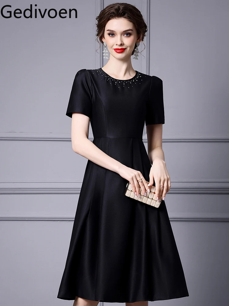 Gedivoen handgemachtes kleines schwarzes Kleid mit diamant besetzten Blasen ärmeln, hoch tailliertes A-Linien-Kleid, neu für den Sommer 2024