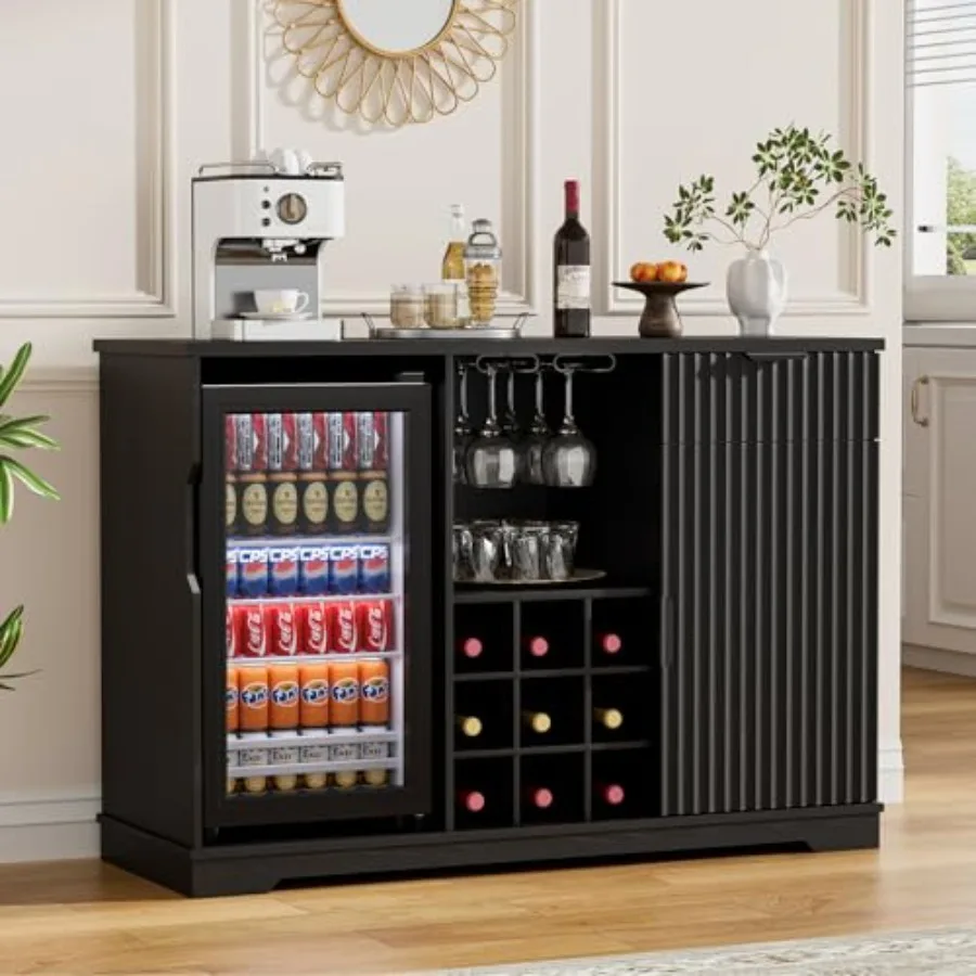 

Coffee Bar Cabinet with Fridge Fridge Included,Fluted Wine Bar Cabinet with Wine Rack and Glass Holder, Buffet Sideboard Table