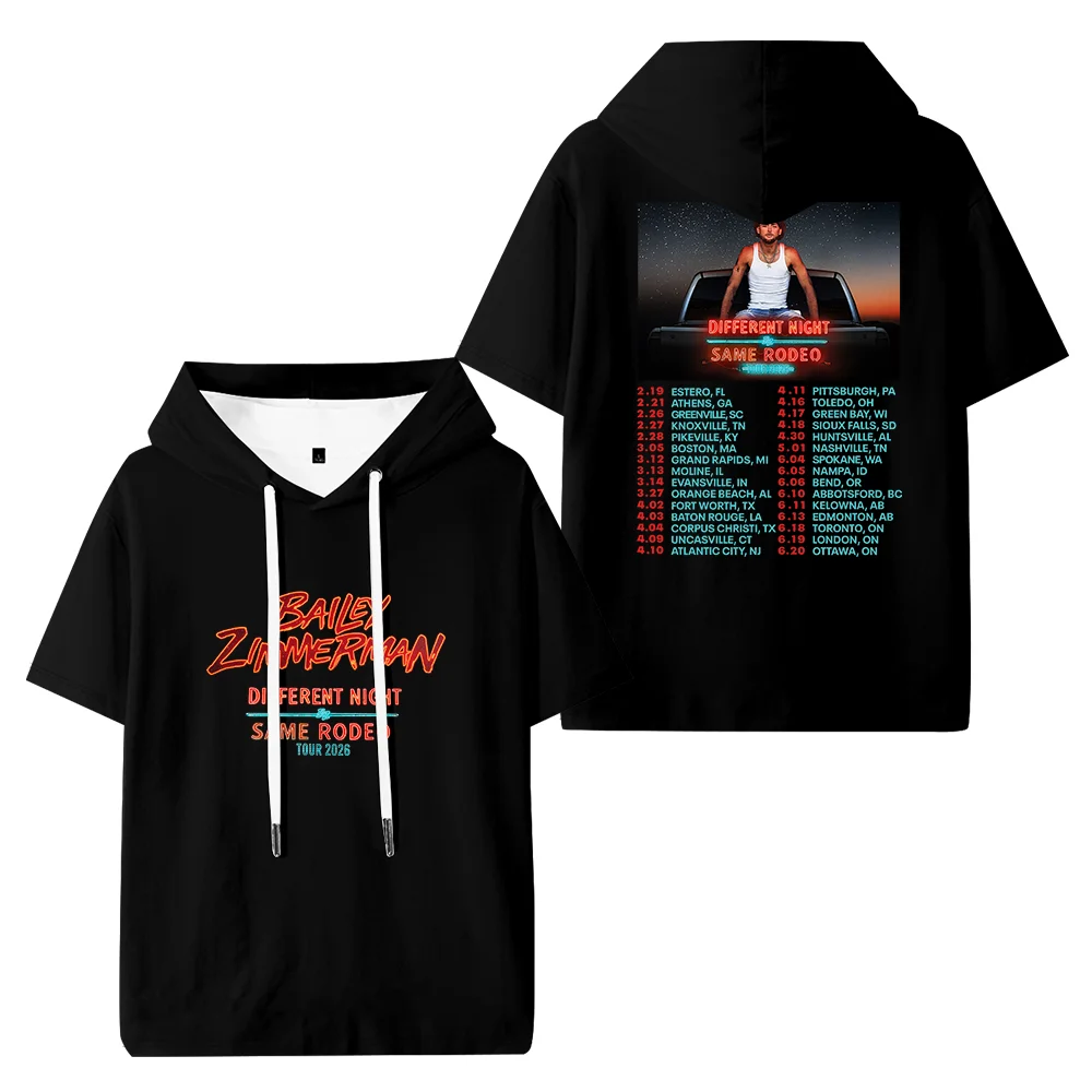 Camiseta con capucha Bailey Zimmerman Different Night Same Rodeo Tour 2026, camiseta unisex con cuello redondo, manga corta, ropa informal de calle