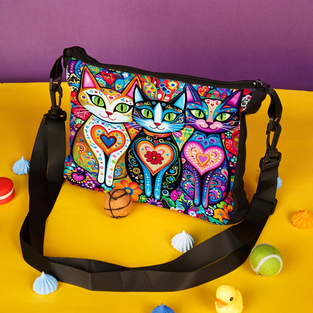 1pc Colorful Cat Art Crossbody Bag Multicolor Cats With Hearts And Flowers Pattern Shoulder Bags For Women Casual Daily Use