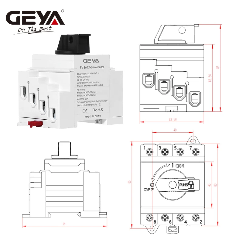 GEYA DB32R DC Solar Isolator Switch PV Disconnector 1200VDC 32A 4P Din Rail Rotating Handle Solar Isolating Switch