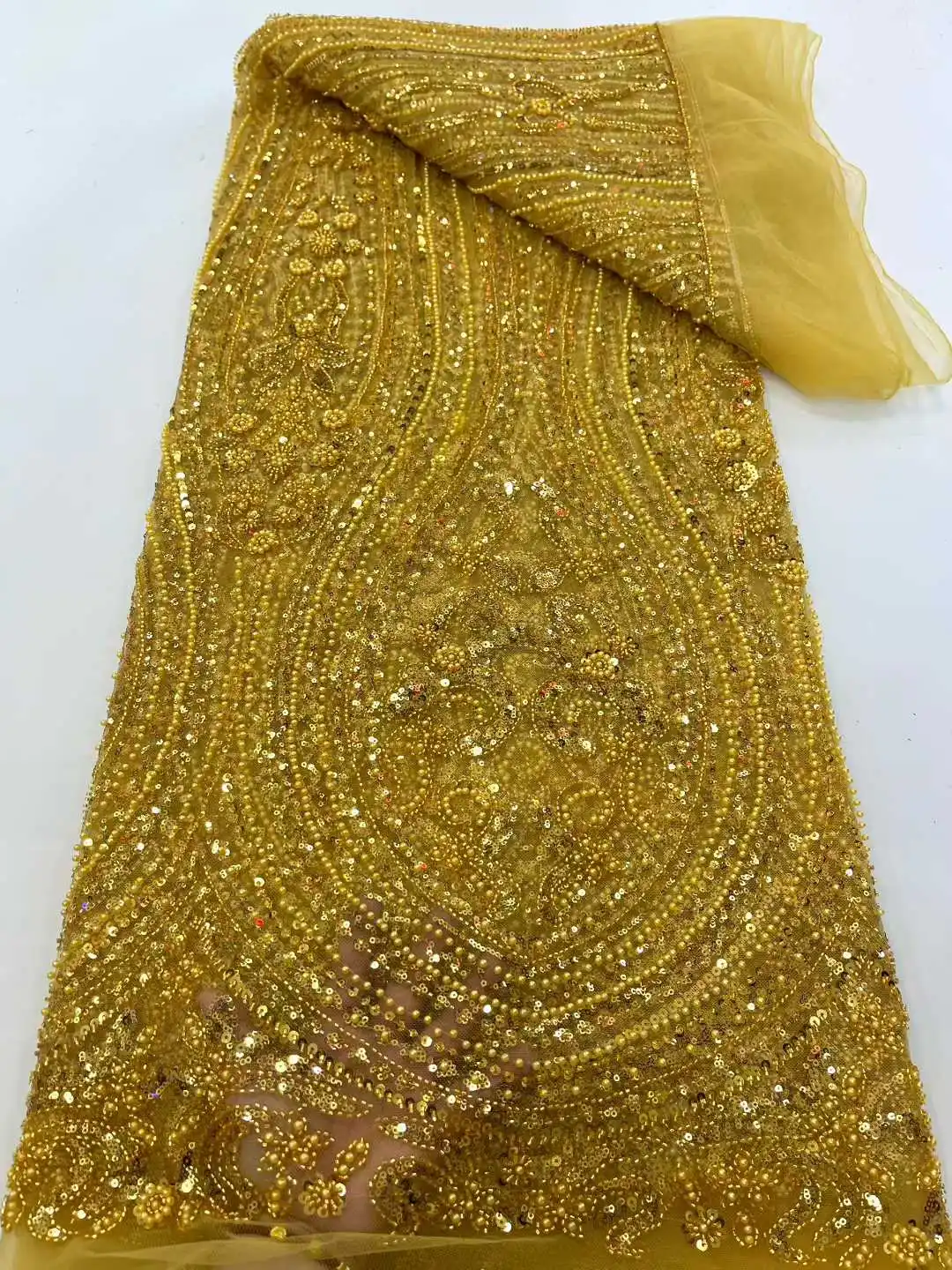 

Gold Elegant Beaded Lace Fabric African Lace Fabric 2025High Quality Gold French Mesh Lace With Sequence For Sewing