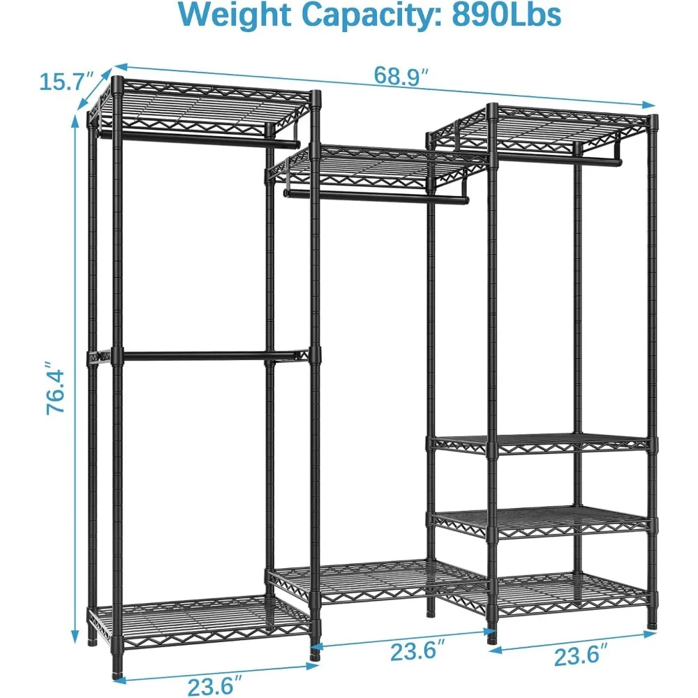 V5 Portable Closet Wardrobe Heavy Duty Clothes Rack, Freestanding Clothing Rack with 4 Hang Rods & 8 Shelves, Adjustable