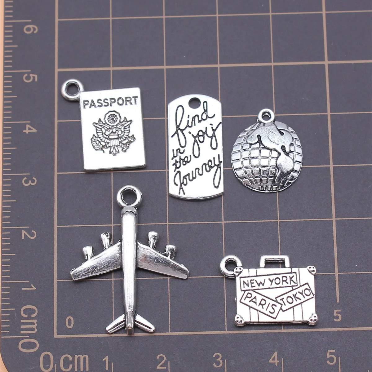 5pcs Antique Silver Color Travel Journey Passport Airplane Suitcase Charms Collection, 5 Styles, 1 of Each