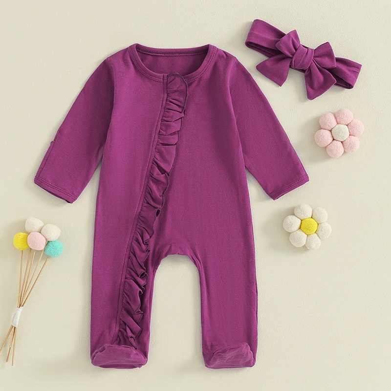 Baby Footies for Girls 2 Piece Outfits Solid Color Long Sleeves Footed Zipper Romper and Cute Headband Set for Toddler Infant