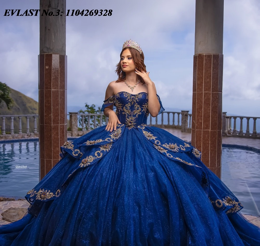 EVLAST Sukienka Quinceanera w kolorze granatowym z brokatem, suknia balowa, złota koronka, aplikacje, koraliki, Sweet 16 Vestidos De 15 Anos E3Q743