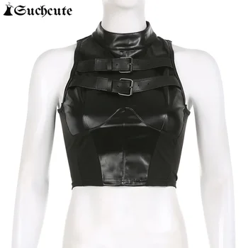 SUCHCUTE Punk Style Leather PU Patchwork Crop Tops Women Grunge Biker Sleeveless Corset Tank Top Streetwear Dark Academia Vest
