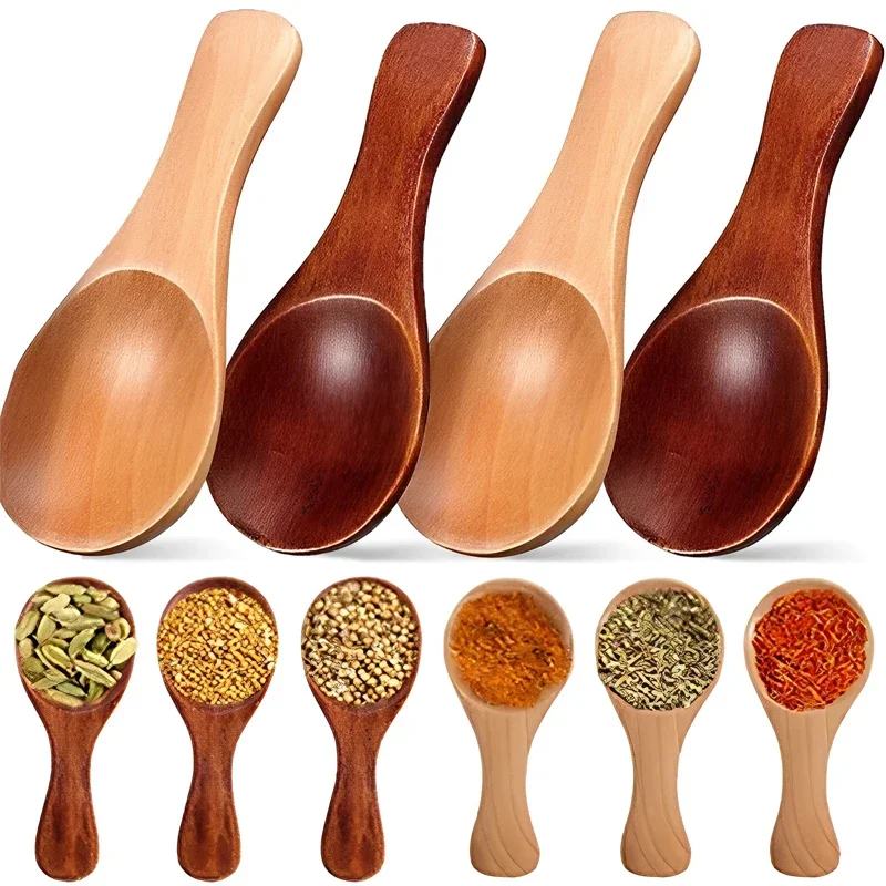 4/1PCS Mini Wooden Spoon Short Handle Kitchen Wood Spoons Spice Condiment Sugar Coffee Honey Scoops Small Teaspoon Tableware