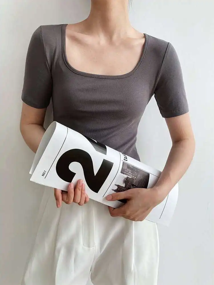 

Новая летняя женская футболка Luxi с квадратным вырезом, однотонная, из 100% хлопка и льна, ультракороткий рукав, приталенный крой