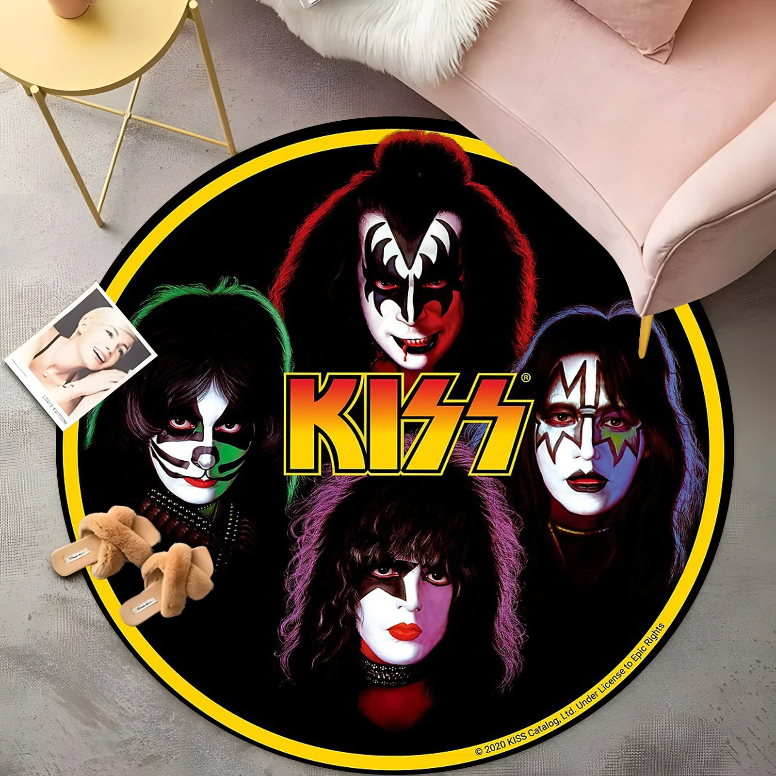 

Круглый ковер с портретом KISS Band - культовый дизайн макияжа в стиле рок-звезды 70-х годов, яркий ковер для гостиной, коллектор музыкального вентилятора, домашний декор, подарок