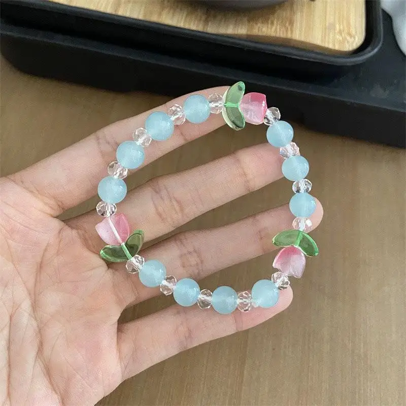 Korean Trendy Cute Colorful Crystal Glass Beads Bracelet for Women Sweet Girls Tulip Flower Charm Bracelets Aesthetic Jewelry