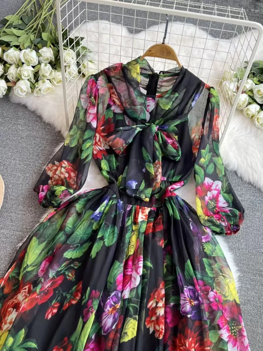 2024 Autumn New Light Luxury Fashion Print Dress For Women Design Sense Tie Waist Slim Fit A-Line Casual Chiffon Long Dress