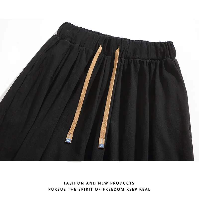 Modische Herrenhose im japanischen Stil, Haremshose, lockerer Schnitt, 100 % Baumwolle, Herrenhose für Frühling und Sommer, einfarbige Hose – Detail 14
