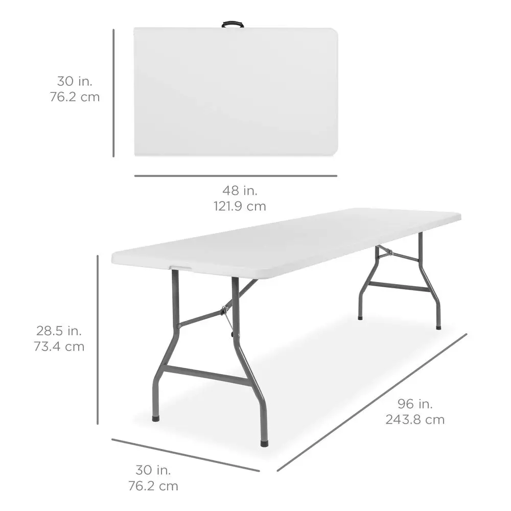 

8ft Plastic Folding Table, Indoor Outdoor Heavy Duty Portable w Handle, Lock for Picnic, Party, Pong, Camping White