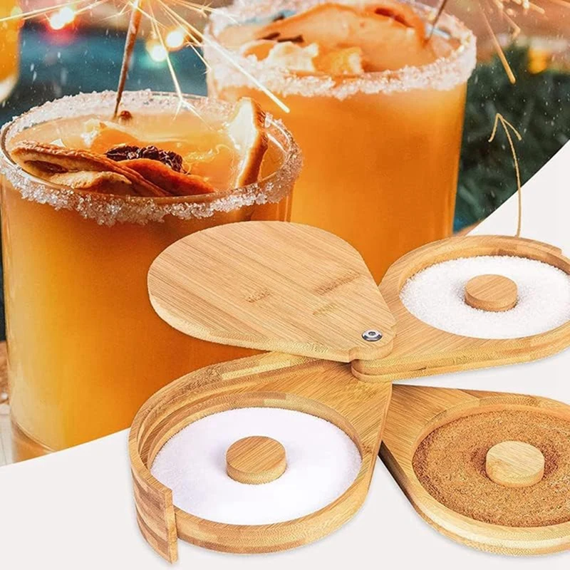 1 PCS Wood Margarita Salt Rimmer Cocktail Rimmer Kit Diameter Glass Rimmer With Lid Bamboo Glass Bar Sugar Salt Rimmer Plate