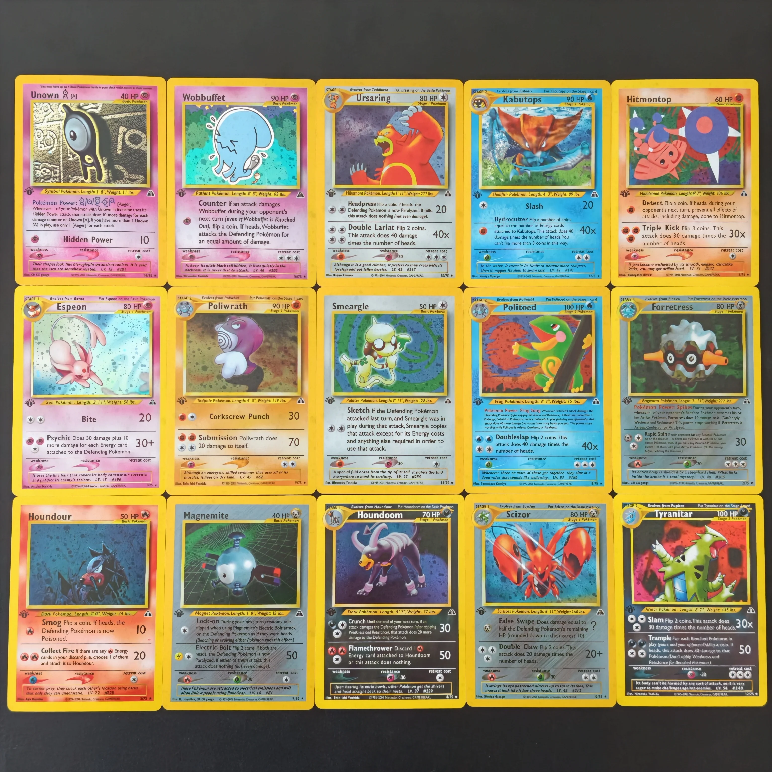 15 Stück/Proxy PKM-Karte Vintage Neo Discovery Unown A Ursaring Houndour Espeon Holo Foil Karte DIY TCG Advanced Sammelkarte