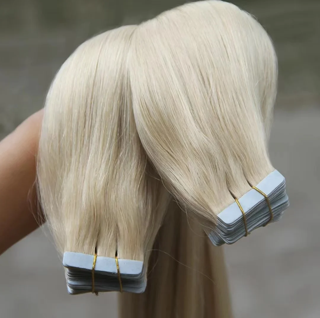 #60 Straight Tape in Human Hair Extensions Remy Human Hair Light Platinum White blonde Seamless PU Skin Weft 100% Real Virgin