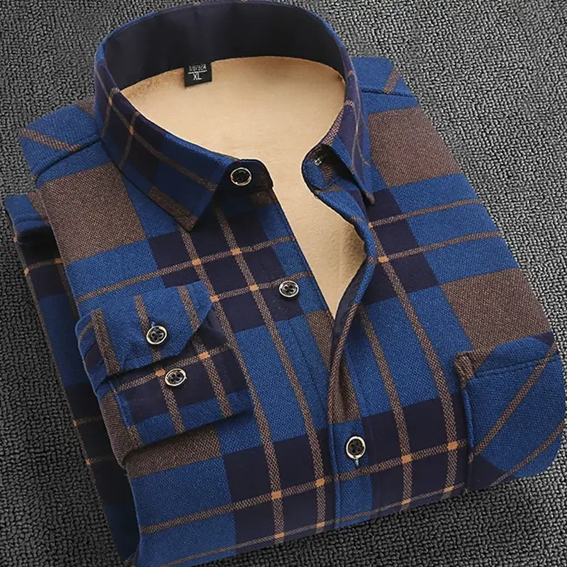 Men\'s Casual Warm Shirts Flannel Fur Lined Thick Long Sleeve Plaid Autumn Winter Shirt Comfortable High Quality Dress Shirts