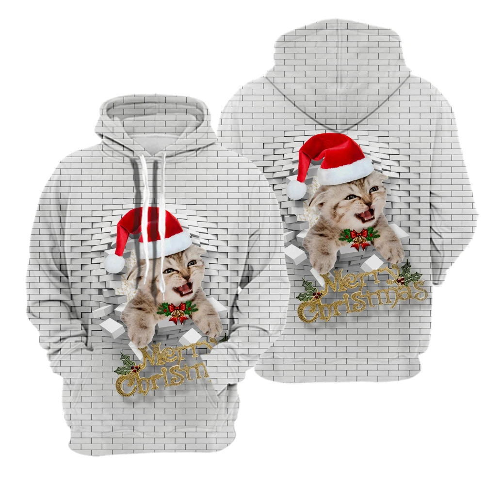 Santa Claus Festival Clothing Cat Tops Polyester 3D Printed Popular Ripped Wall Long Sleeve Pullover Unisex Christmas Hoodie